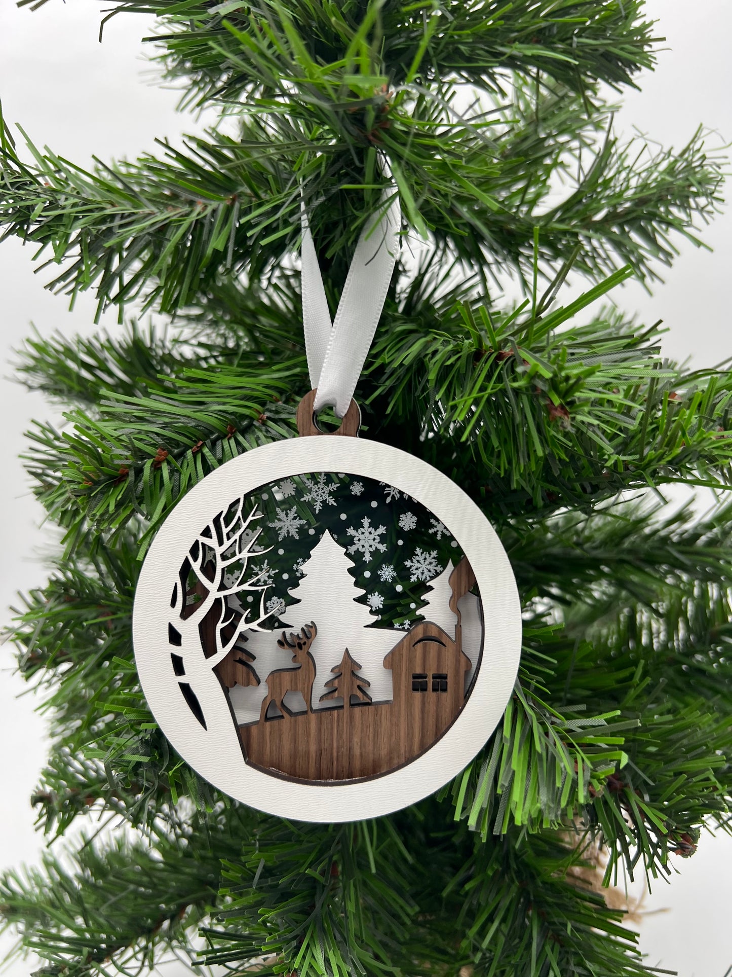 Christmas Ornament - 4 layer Deer and Cabin Winter scene with snowflake acrylic back