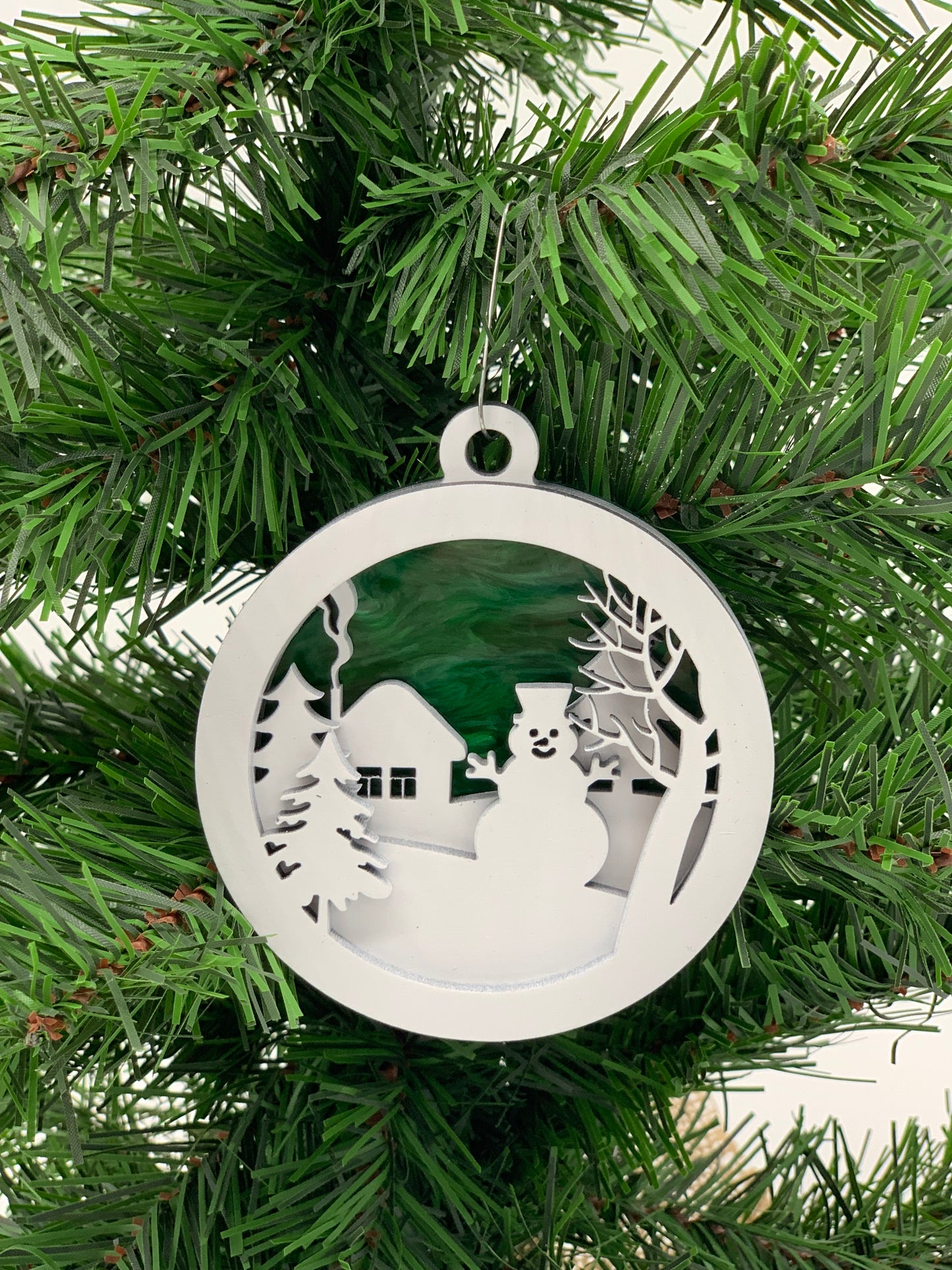 Christmas Ornament - 4 layer Snowman Winter scene White layers with green acrylic back