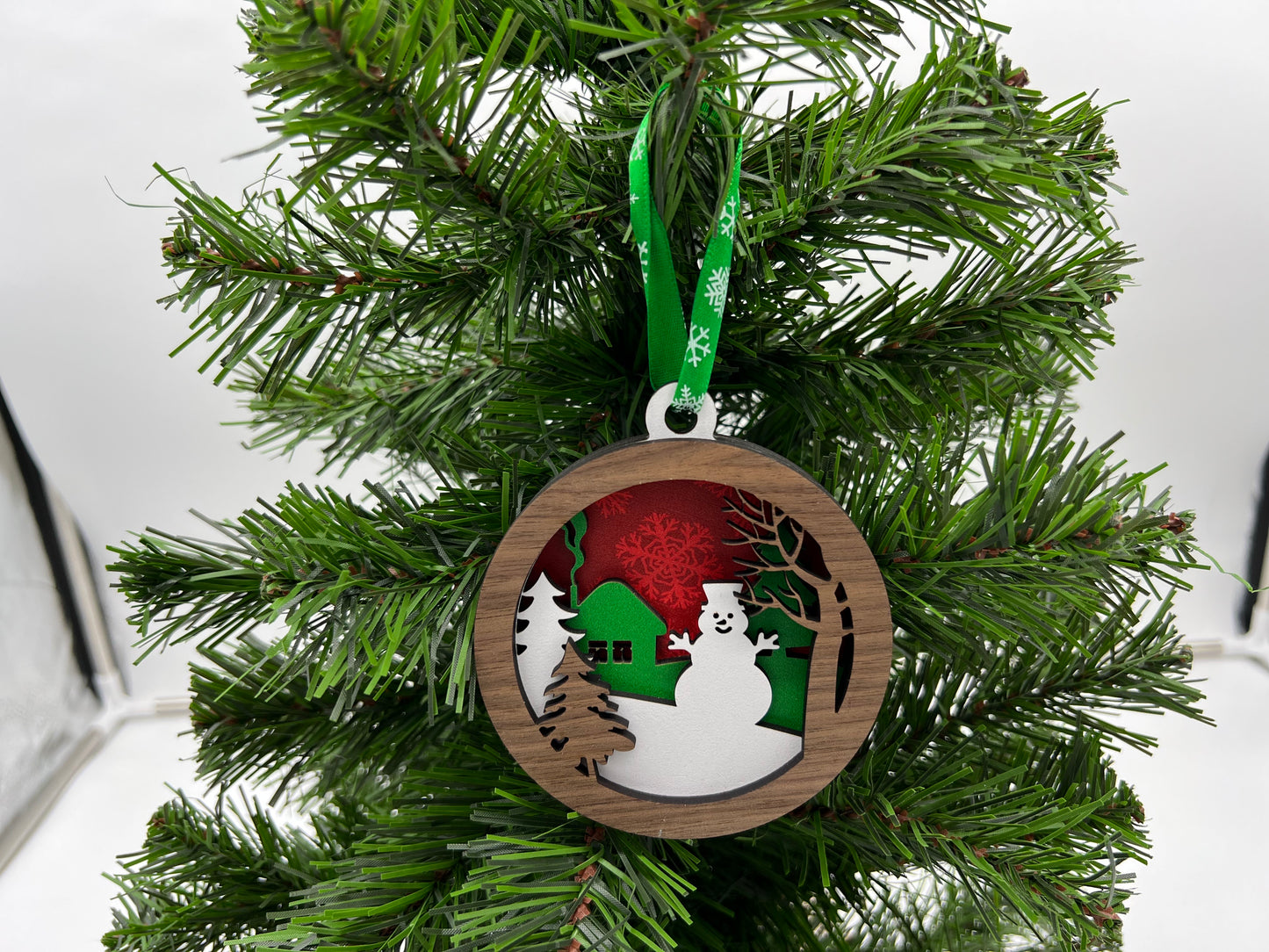 Christmas Ornament - 4 layer Snowman Winter scene Natural wood front with red snowflake back