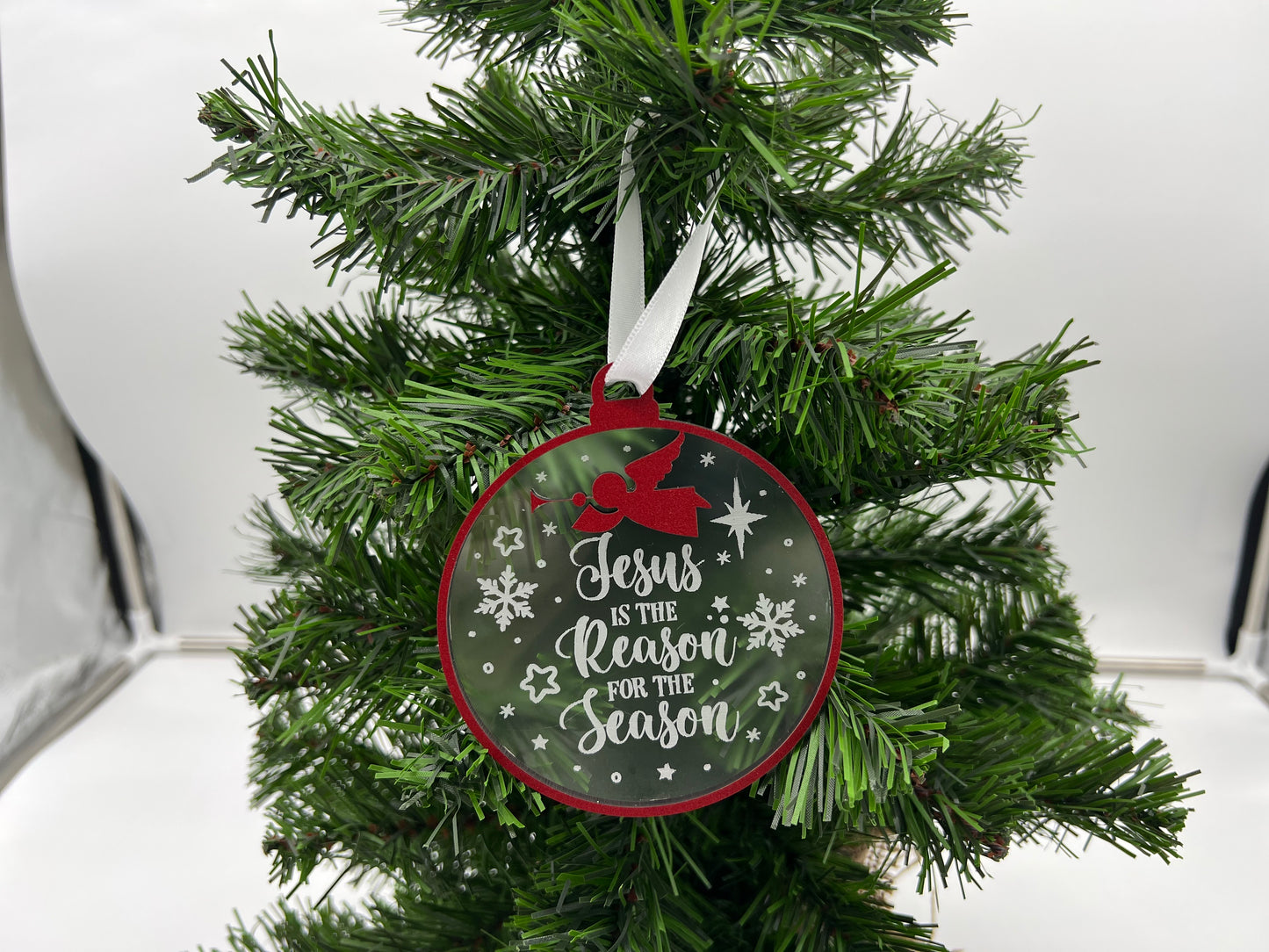 Christmas Ornament - Jesus is the Reason for the Season - Red front + Clear Acrylic engraved back