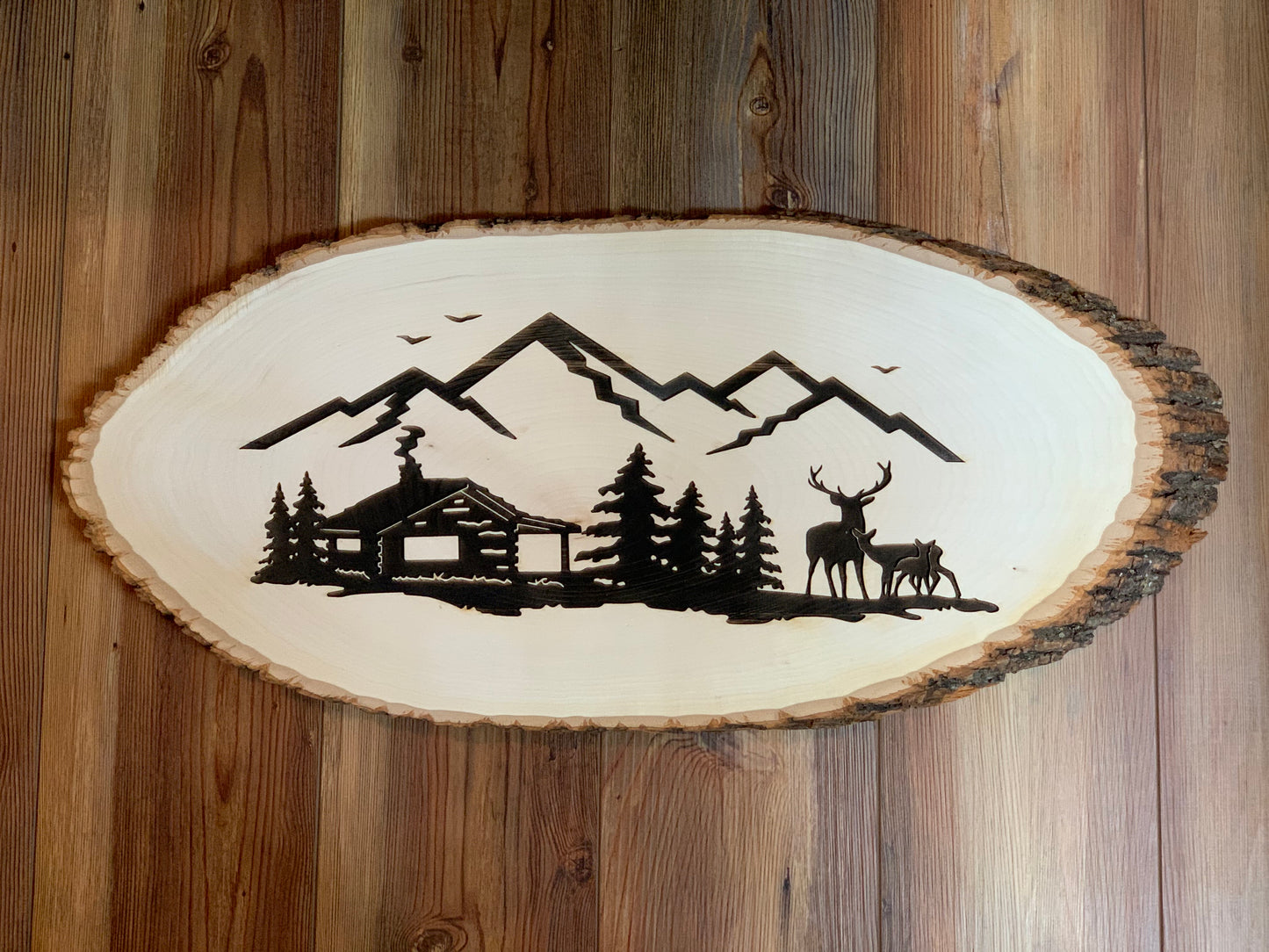 Basswood Live-edge Cabin+Deer Scene