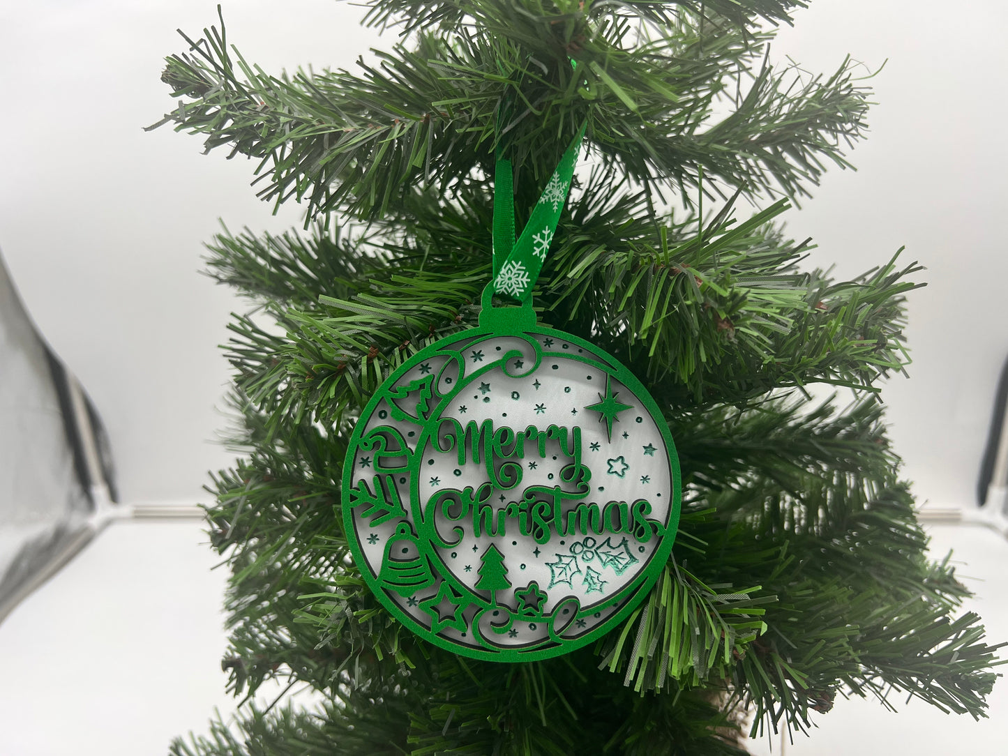 Christmas Ornament - 2 Layer Merry Christmas Green front+White engraved back