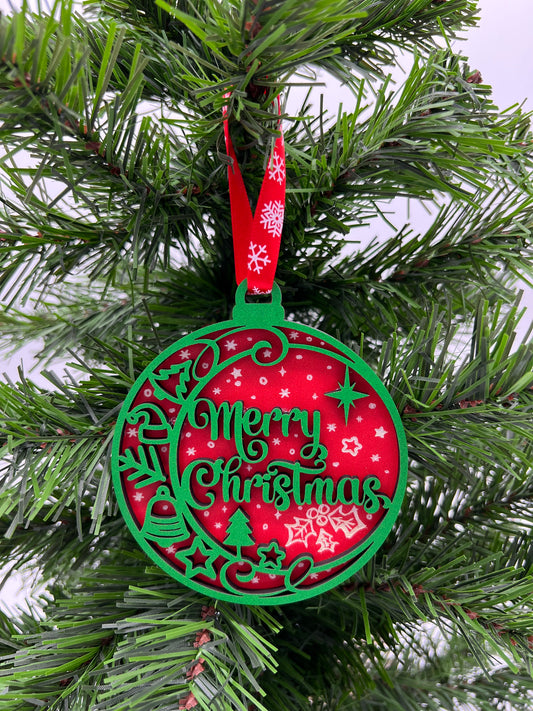 Christmas Ornament - 2 layer Merry Christmas Green front + Red engraved back