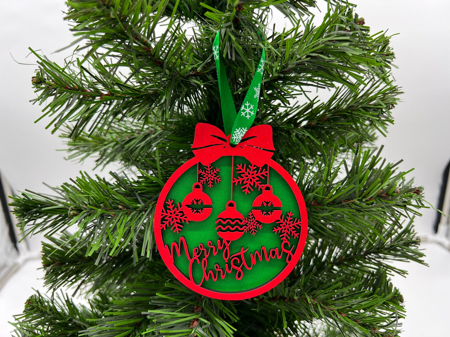 Christmas Ornament - 2 layer Merry Christmas with Bulbs Red front + Green back