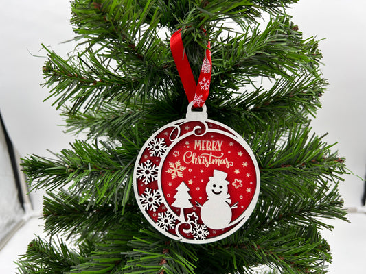 Christmas Ornament - 2 layer Snowman White front + Red engraved back
