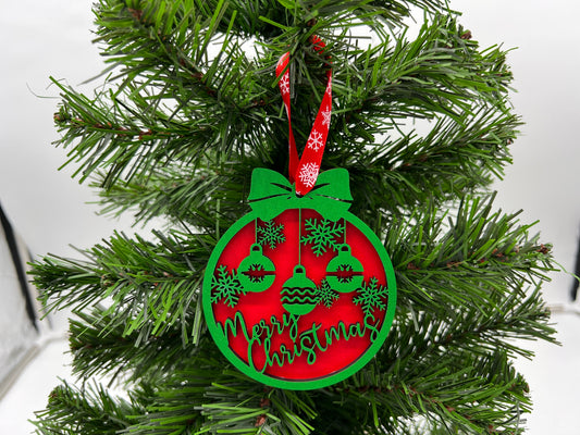 Christmas Ornament - 2 layer Merry Christmas with Bulbs Green front + Red back