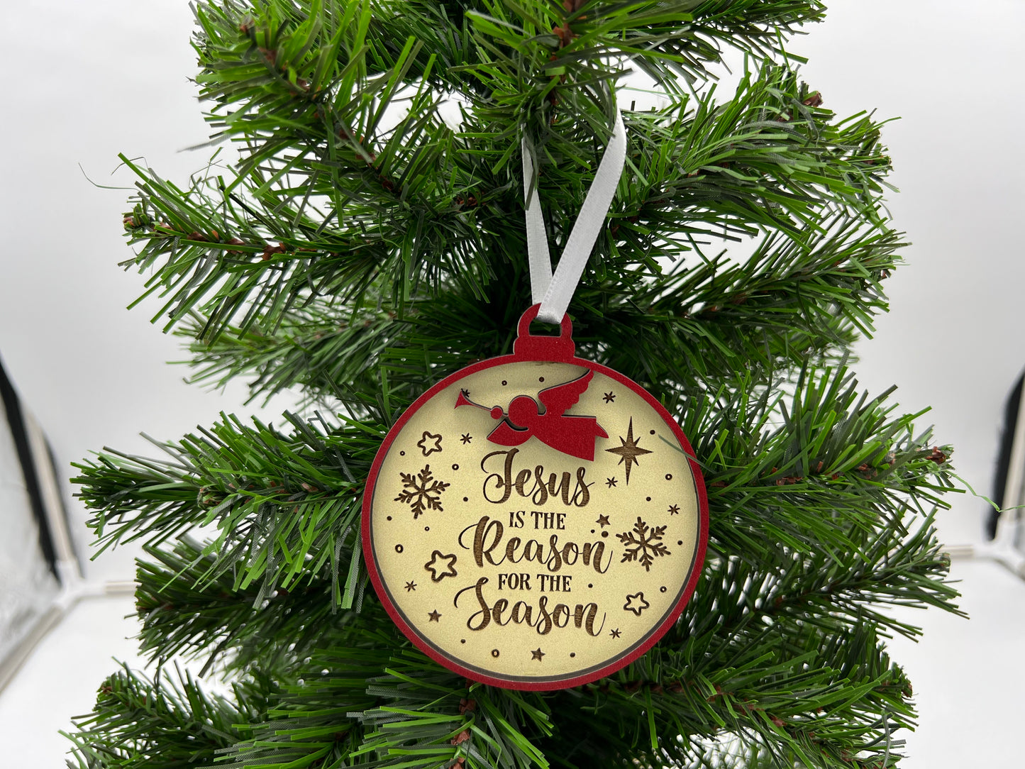 Christmas Ornament - Jesus is the Reason for the Season - Deep red front + Pastel yellow engraved back