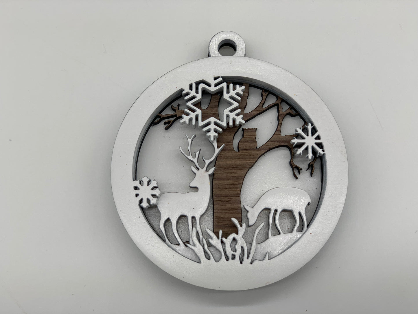 Christmas Ornament - 4 layer Deer and Snowflakes White layers with Walnut tree