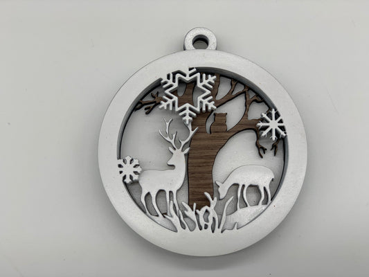 Christmas Ornament - 4 layer Deer and Snowflakes White layers with Walnut tree
