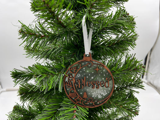 Christmas Ornament - Blessed 2 layer Natural wood front + clear acrylic engraved back