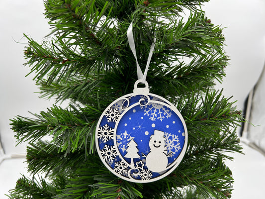 Christmas Ornament - 2 layer Snowman White front + Blue snowflake back