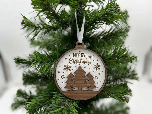 Christmas Ornament - 2 layer Merry Christmas with Trees Natural wood front + White engraved back