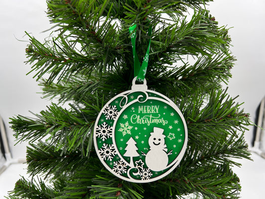 Christmas Ornament - 2 layer Snowman White front + Green engraved back