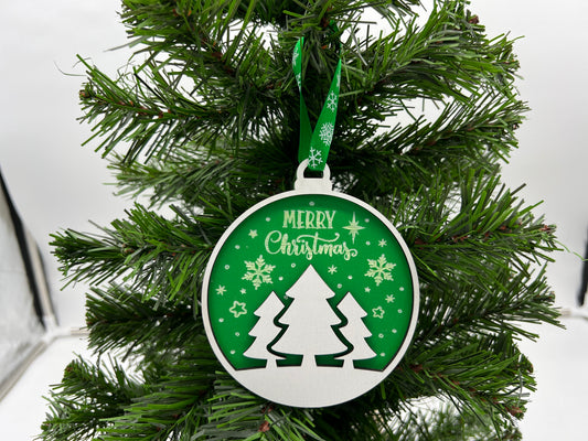 Christmas Ornament - 2 layer Merry Christmas with Trees White front + Green engraved back