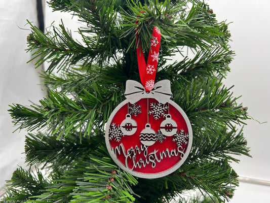 Christmas Ornament - 2 layer Merry Christmas with Bulbs Silver front + Red back
