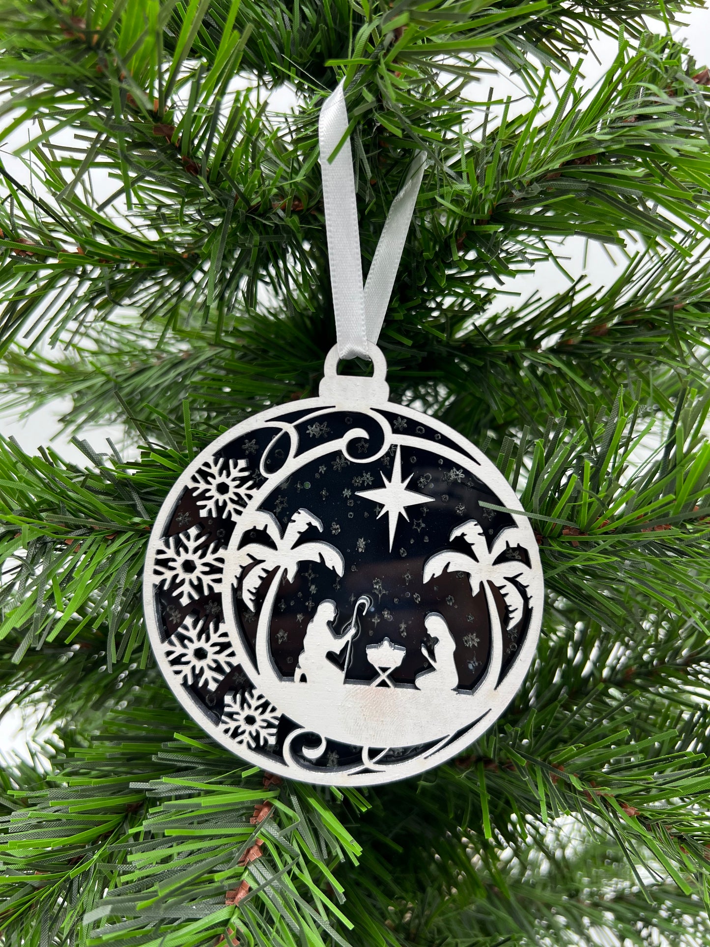 Christmas Ornament - 2 layer Nativity Scene White front + dark sky engraved acrylic back