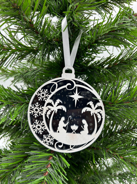 Christmas Ornament - 2 layer Nativity Scene White front + dark sky engraved acrylic back