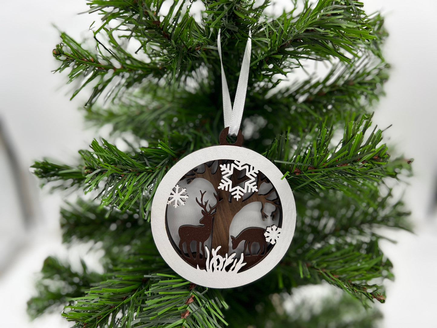 Christmas Ornament - 4 layer Deer and Snowflakes with Walnut tree white back