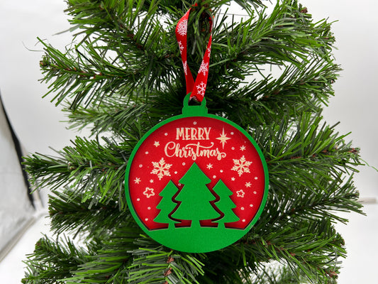 Christmas Ornament - 2 layer Merry Christmas with Trees Green front + Red engraved back