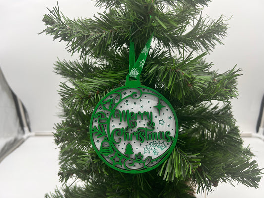 Christmas Ornament - 2 Layer Merry Christmas Green front+White engraved back