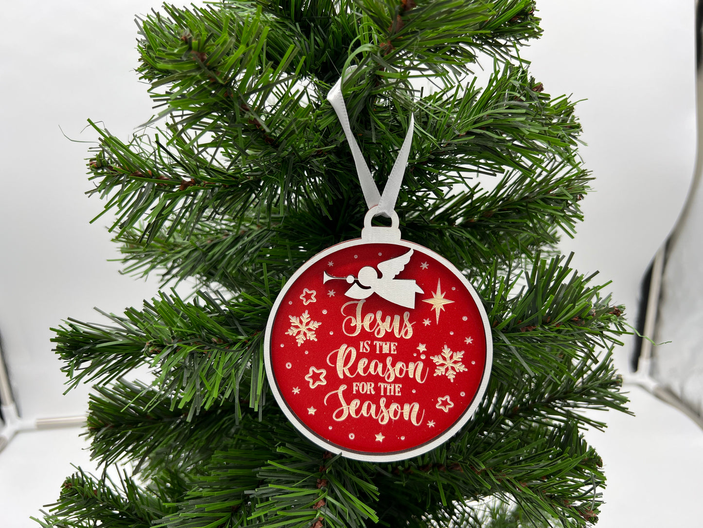Christmas Ornament - Jesus is the Reason for the Season - White front + Red engraved back