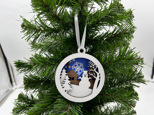 Christmas Ornament - 4 layer Snowman Winter scene with blue snowflake back