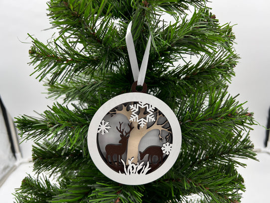 Christmas Ornament - 4 layer Deer and Snowflakes with Maple tree white back